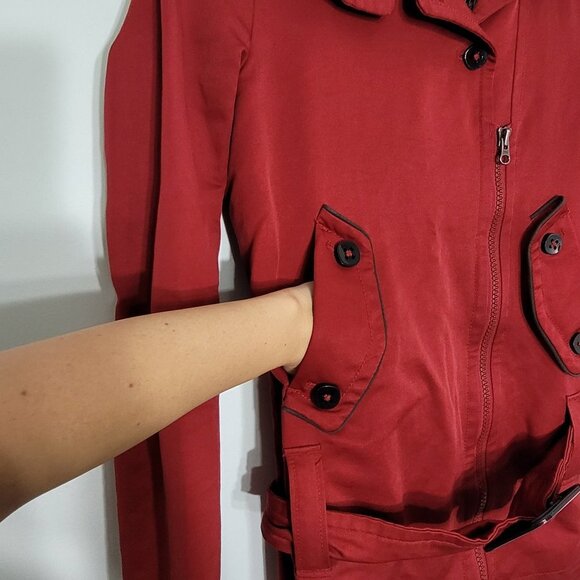 Soia & Kyo Red Cotton Blend Zip Front Casual Trench Jacket Belted Pockets XS/S - Picture 4 of 12